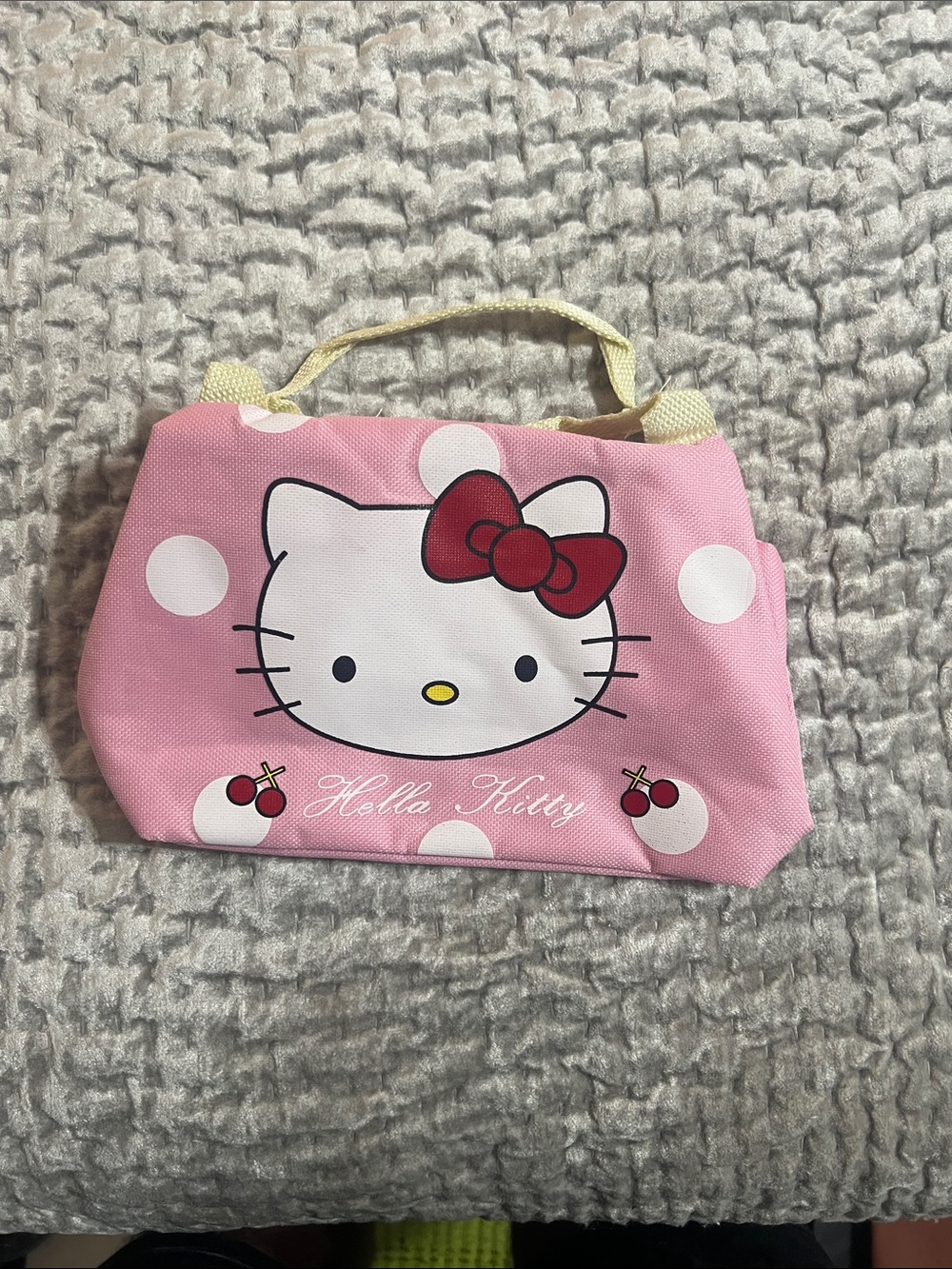 Hello Kitty Pink Polka Dot Lunch Tote with Red Bow and Cherry Accents
